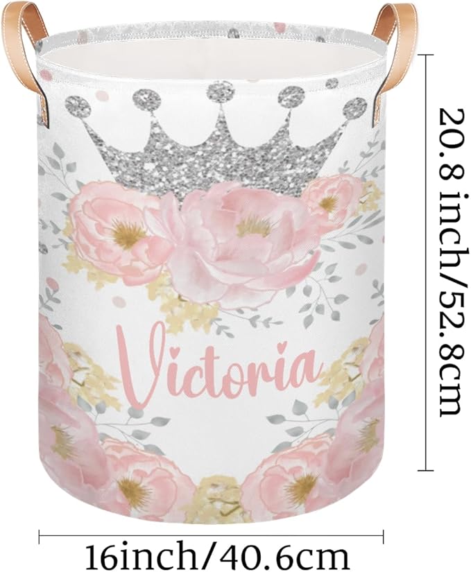 Personalized Laundry Basket, Custom Gift Laundry Hamper, Collapsible Nursery Waterproof Laundry Baskets, Dirty Clothes Toy Hamper with Handles Floral Silver Crown