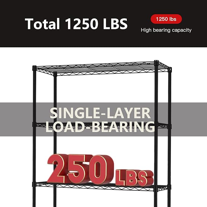 5-Tier Heavy Duty Wire Shelving Unit for Garage & Kitchen Adjustable Metal Shelf, 1250 LBS Wire Rack, Garage Shelving, Pantry Organizer, Storage Shelves, Utility Shelf, Black, 36W x 14D x 72H