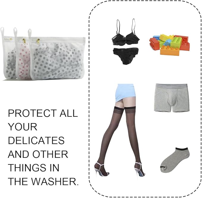 TENRAI Delicates Laundry Bags, Bra Fine Mesh Wash Bag for Underwear, Lingerie, Bra, Pantyhose, Socks, Use YKK Zipper, Have Hanger Loops, Small Openings (White, 3 Small)