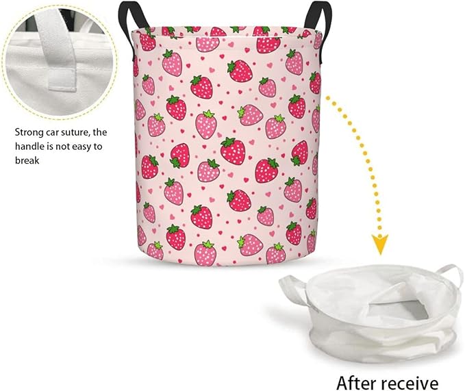 Dujiea Pink Strawberry Laundry Basket Round with Handle, Collapsible Foldable Canvas Storage Bin Dirty Clothes Bag for Laundry/Toys Organizer/College Dorm/Nursery/Decor(2 Sizes)