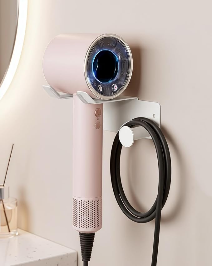 Hair Dryer Holder, Dyson Hair Dryer Holder, Blow Dryer Holder with Cord Hook SUS304 Stainless Steel Wall Mount, Self Adhesive/Screw Space Saving Hairdryer Holder for Bathroom White