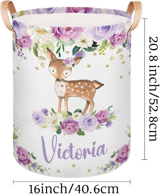 Personalized Laundry Basket, Custom Gift Laundry Hamper, Collapsible Nursery Waterproof Laundry Baskets, Dirty Clothes Toy Hamper with Handles Gold Floral Woodland Deer
