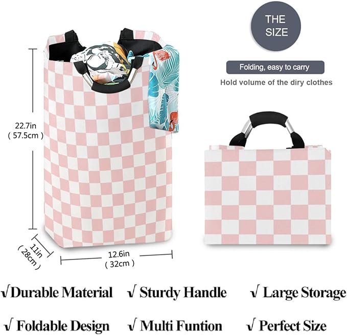 CaTaKu Pink Checkered Racing Baby Laundry Baskets Collapsible, Large Tall Clothes Hampers for Kids Laundry Room Organizer Foldable Storage Bins with Handles