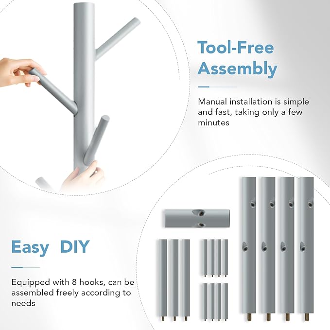Wooden Coat Rack Freestanding with 8 Hooks,Easy Assembly New Zealand Pine Tree Coat Racks, 3 Adjustable Sizes for Clothes, Hats, Bags, for Entryway, Hallway, Bedroom, Office (Grey, 1 PC)