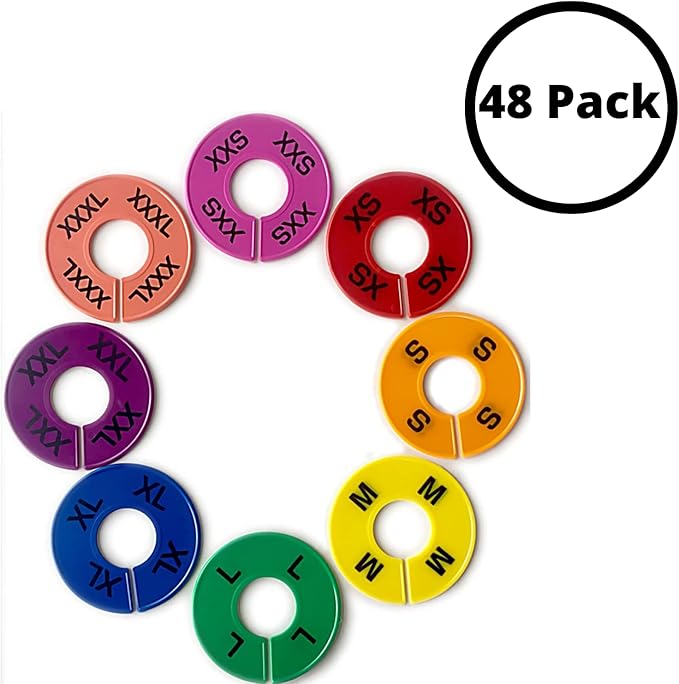 Discount Sizing- Clothes Size Dividers Round Rack Size Dividers (48 Pack) XXS - XXXL Multicolor | for Clothing Racks Retail Hanger Rack, at-Home Closet Organizing, Adults & Children