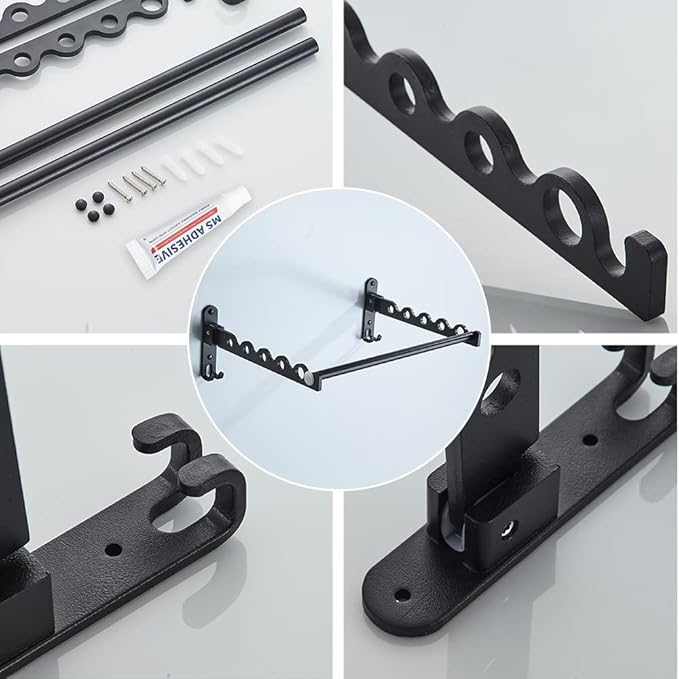 Small Wall Clothes Rail, Aluminium Foldable Drying Rack Hook 90° Rotation Coat Hanger for Laundry Bathroom Balcony (Black Fixed Seats+Rod)