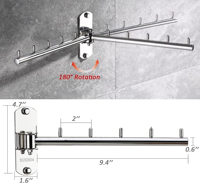 Clothes Hanger Rack Swing Arm, Folding Clothes Hanger Wall Mounted Space Saving Drying Rack, Stainless Steel 304 Laundry Room Valet Hook Holder, Foldable Hanging Hook Rod (Silver)