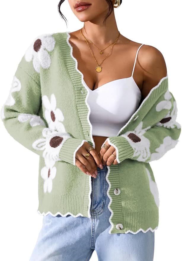 Pink Queen Fuzzy Sweater Cardigan for Women 2025 Fashion Long Sleeve Flower Outerwear Button Down Open Front Cardigan Coat