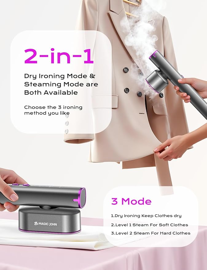 MAGIC JOHN Travel Steamer for Clothes, 100-240V Dual Voltage Portable Garment Steamer, 1000W Travel Size Handheld Steamer & Iron 2 in 1 for Global & Europe Travel, Business, Home