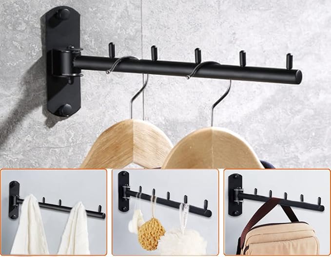 Stainless Steel Swing Arm Hanger, Folding Wall Mounted Clothes Hanger for Laundry Room, Space Saving Clothes Hooks Holder for Drying Rack, 2 Pack (Black)