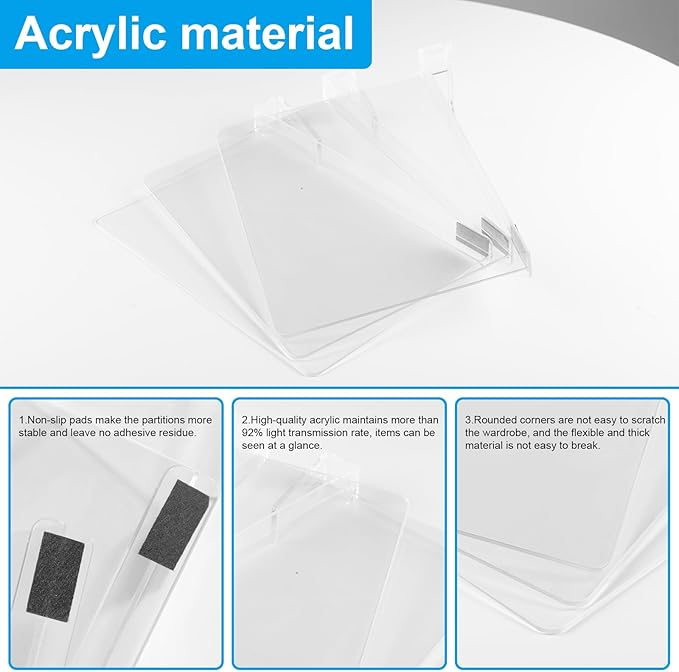 Shelf Dividers 12 Pack Acrylic Shelf Dividers for Closet Organization, Clear Acrylic Shelf Divider, Adjustable Acrylic Separator Bag Closet Divider Bookshelf Divider (11” x 8”)