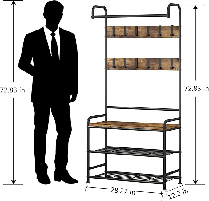 LINZINAR Coat Rack Shoe Bench 3-in-1 Hall Tree with Bench and Shoe Storage for Entryway Heavy Duty MDF Stand Coat Rack Industrial Accent Furniture with Metal Frame, Black (Rustic Black)