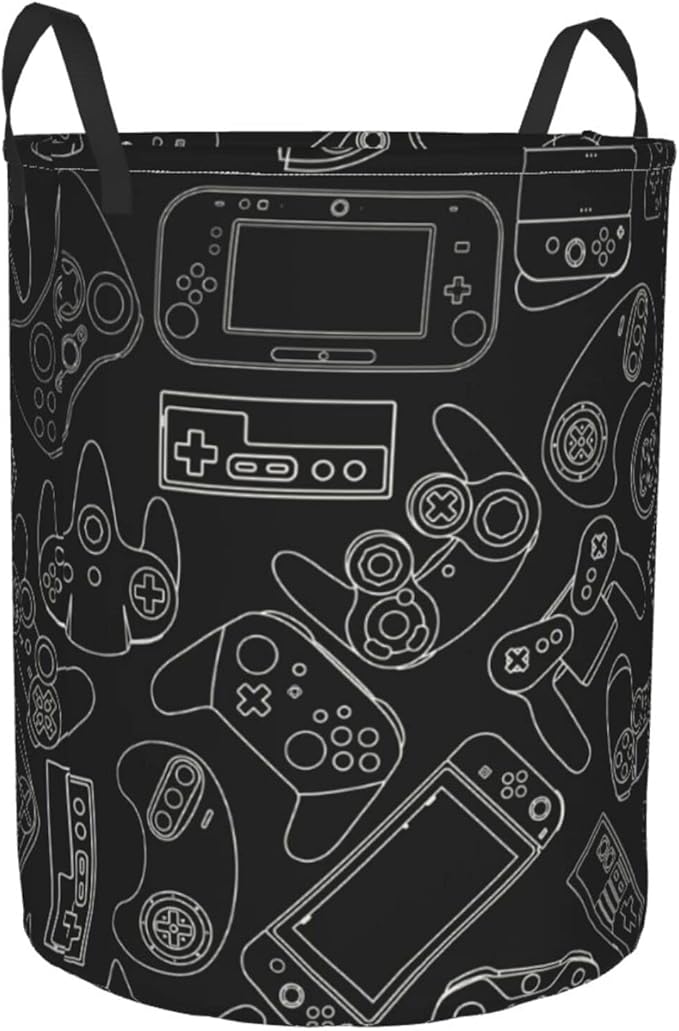 Video Game Controller Background Round Laundry Hamper Gaming Gadget Storage Basket Toys Clothes Organizer Bin For Home Bathroom Bedroom Dorm Nursery, 62l