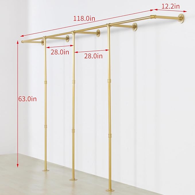 Gold pipe clothing rack for Hanging Clothes rack with 3 T-Bar Design,Nano Gold Finish, Heavy Duty industrial clothing rack wall mounted,Retail Display Rack Closet Storage Clothes Organizer