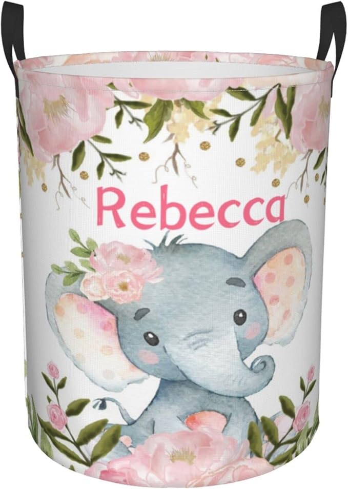 Elephant Pink Flower Customized Laundry Basket with Name Collapsible Waterproof Organizer Bin Laundry Hamper with Handle for Clothes Toys Bedroom.