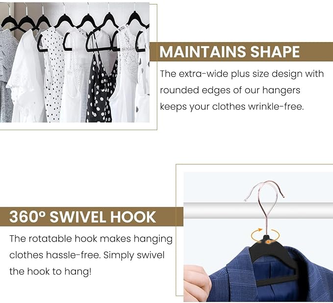 Premium 20 Pack - Ultra Thin No Slip Velvet Suit Swivel Hangers - 21" Extra Wide Strong Velvet Hangers - Space Saving Clothes Hangers - 21x0.2x10 inches (Black)