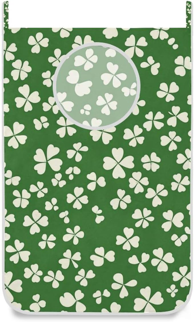 St. Patrick's Day Clovers Green Door Hanging Laundry Hamper Bag with Free Adjustable Stainless Steel Hooks Dirty Clothes Hamper Extra Large Over the Door Laundry Hamper 29.5X20inch 2Pack