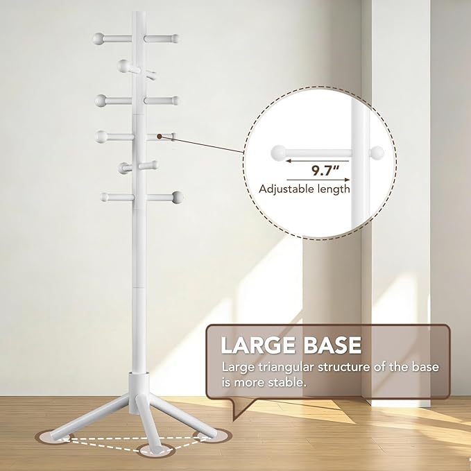 Wooden Coat Rack Freestanding with 12 Hooks 3 Adjustable Heights，Standing Coat Rack Tree for Hat and Coat Rack for Small Spaces Entryway,Office,Bedroom,White