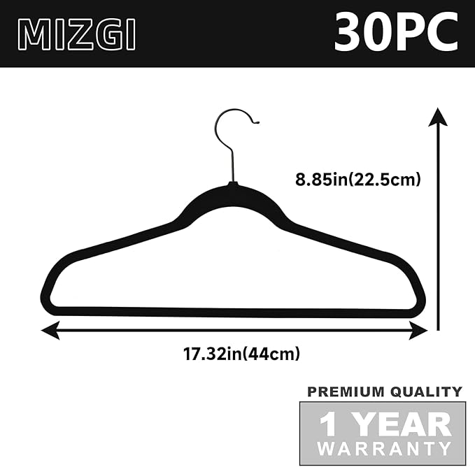 MIZGI All Black Velvet Hangers 30 Pack,Premium Flocked Clothes Non-Slip Felt,Sturdy Black Hangers Heavy Duty Coat,Durable Suit Hanger for Space Saving, No Hanger Marks