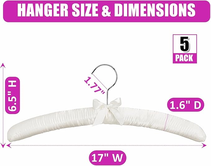 Amber Home 5 Pack 17 Inch Large Ivory Satin Padded Hangers for Women Clothing, Anti Slip Cushioned Hangers for Sweaters, Silk Hangers Fancy Dress Hangers for Wedding, Delicate Cashmere
