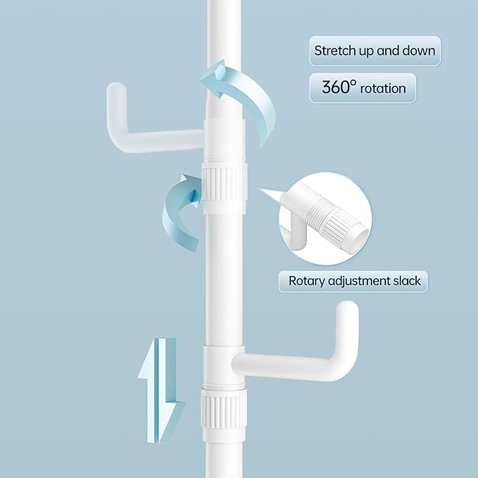 Easy to Setup Adjustable Clothes Stand Space Saving Drying Rack Coat Hanger DIY Floor to Ceiling Tension Rod Storage Organizer for Bedroom, Balcony, Bathroom, Hallway (White)