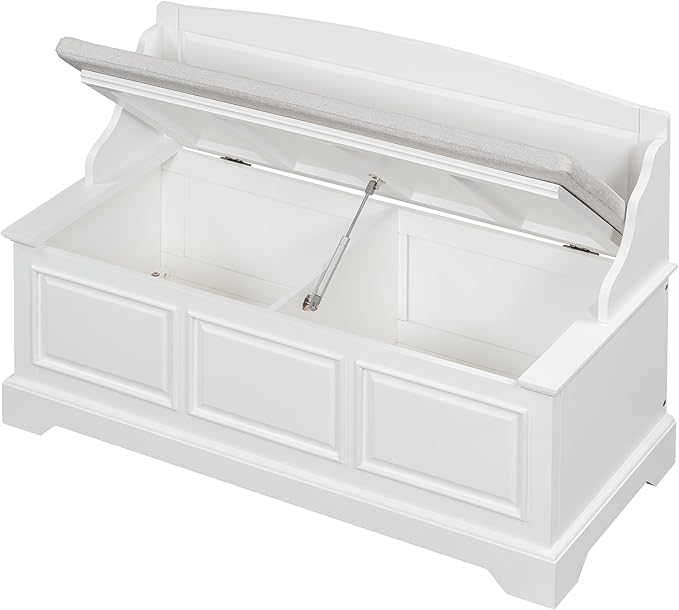 LUMISOL Shoe Storage Bench with Cushion, Farmhouse Entryway Bench with Soft-Close Devices and Hidden Storage, Upholstered Storage Ottoman for Living Room, Entryway, Bedroom, White