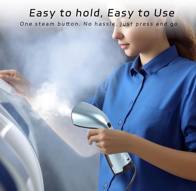 Travel Garment Steamer，25s Fast Heat，Handheld Portable with Metal Steam Head, Removes Wrinkles from Clothes，Fabrics，and Garments，Metallic Blue