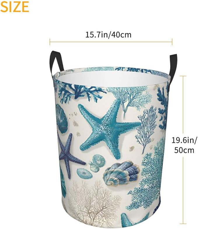 Coastal Ocean Theme with Starfish Design Laundry Hamper, White Blue, Oxford Cloth Storage Basket, Large 19.6x15.7 Inch
