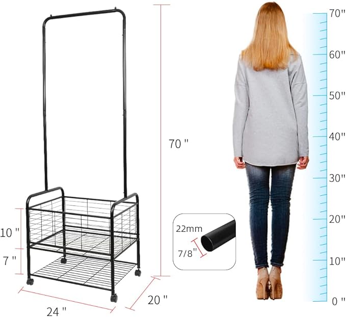 Black Metal Rolling Laundry Hamper Butler Cart Basket with Hanging Garment Rack, Storage Organizer with Mobile Wheels