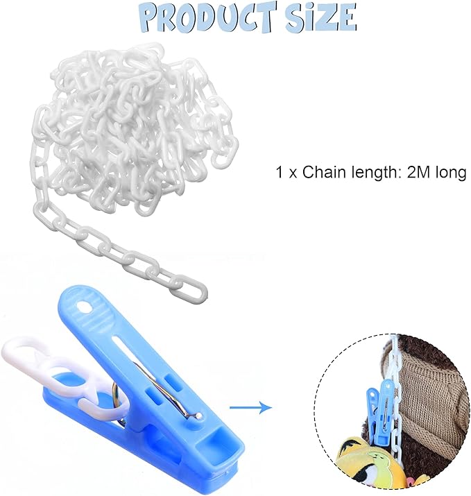 Hotop 2 Pcs Stuffed Animals Storage Chain Hanging Stuffed Animal Organizer with 40 Plastic Clips 79 Inch with Hooks for Wall Bedroom Hanging Hat Socks Holiday Card(Multicolored Clip)