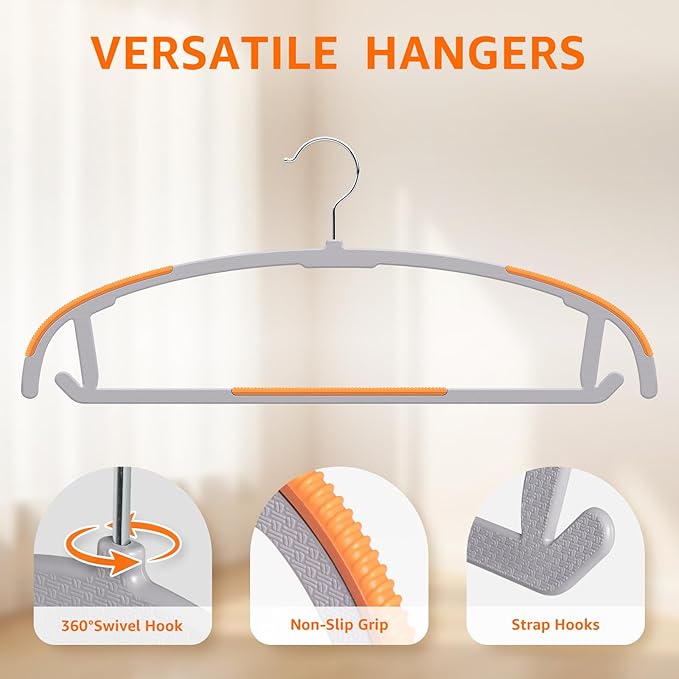 Yolife Plastic Clothes Hangers 50 Pack with Non-Slip Pads, 17.5" L × 8.3" H Heavy Duty Hanger with 360° Swivel Metal Hook, Slim Space Saving Hangers for Closet Organizer, Gray & Orange