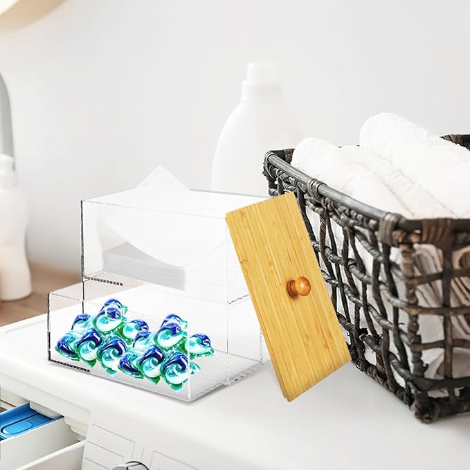 Laundry Pod Containers Acrylic Dryer Sheet Holder Stackable Laundry Room Organization with Storage Drawers and Bamboo Lid,Clear Detergent Dispenser for washer Organizing and Decor