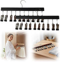 2 Pack Legging Hanger for Closet, with 10 Non Slip Clips Each, Wooden Clothes Hanger for Home Use, Space Saving Hanger for Family (Black)