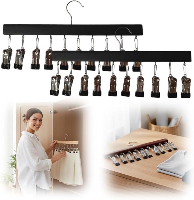 2 Pack Legging Hanger for Closet, with 10 Non Slip Clips Each, Wooden Clothes Hanger for Home Use, Space Saving Hanger for Family (Black)