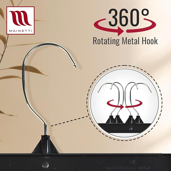 Mainetti Black Plastic Clothes Hangers 50 Pack | 12-Inch Space Saving Hangers with 360 Swivel Metal Hook & Non-Slip Clips | Closet Hangers Ideal for Pants, Skirts, Slacks and Shorts (6012BRSEMN50)