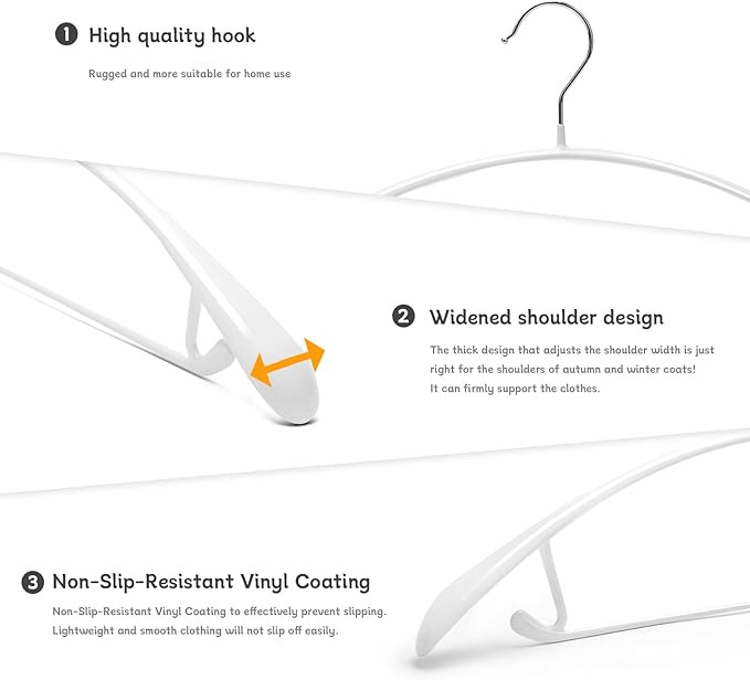 Nature Smile Non Slip PVC Coating Sweater Hangers,Dress Suit Coat Hangers,Wide Shoulder Bump Free Golf T Shirts Clothes Hangers (White Color 10 Pack)