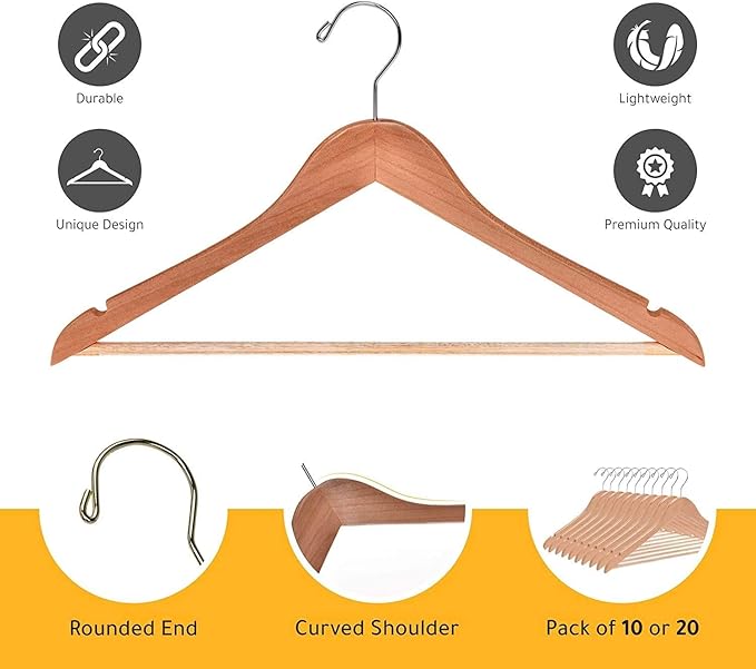 Quality Wooden Hangers - Slightly Curved Hanger 90 Pack Sets - Solid Wood Coat Hangers with Stylish Chrome Hooks - Heavy-Duty Clothes, Jacket, Shirt, Pants, Suit Hangers (Natural, 90)