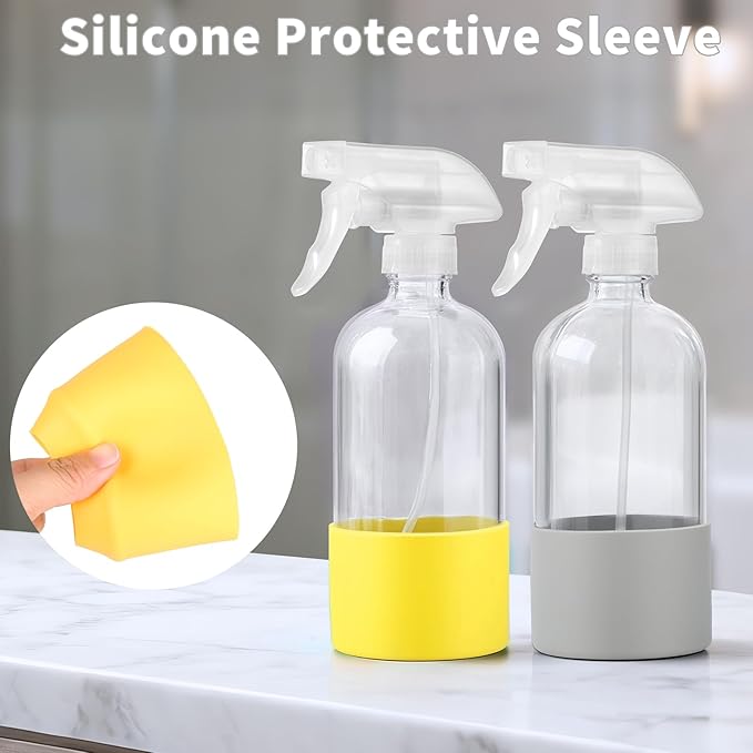 Glass Spray Bottles (2-Pack) with Silicone Sleeve - 16oz Empty Refillable Bottles - Adjustable Nozzle for Hair, Plants, Cleaning & DIY Solutions - Blue & Grey (Grey + yellow)