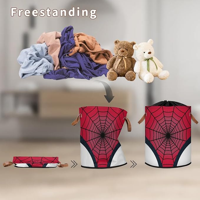 Large Laundry Hamper Basket with Lid, Round Collapsible Storage Organizer Bin for Kids Room, Boys, Nursery, Closet, Bedroom, Playroom, Toys, Dirty Clothes, Red Spider Web 16"W x 20"H