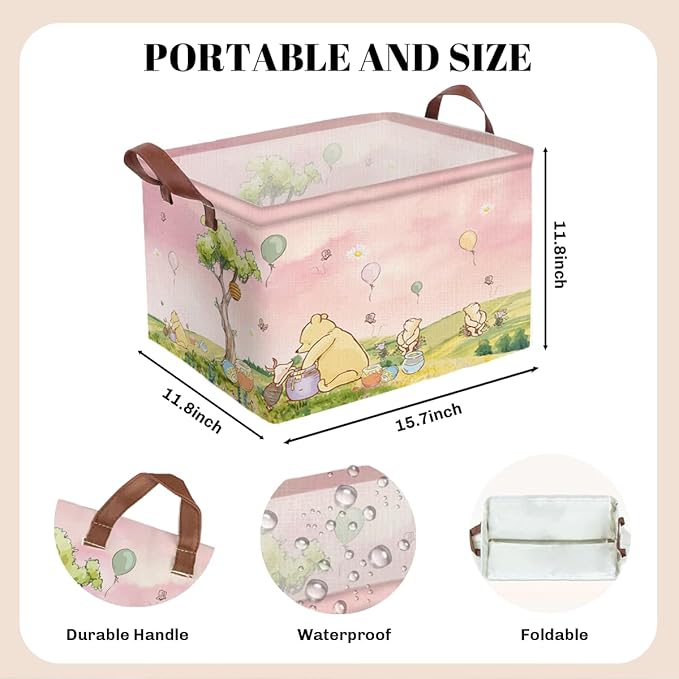 Greatingreat Pink Winnie Foldable Laundry Hamper, Circular Canvas Storage Basket with PE Coating, Collapsible Clothes Organizer for Home, Nursery, and Bedroom