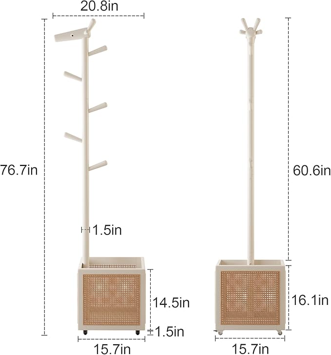 AQIMUELE Narrow Coat Rack，Coat Tree with Storage，Wooden Coat hanger with 6 Hook for Entrance, Bedroom, Living Room，Kids Coat Rack(White)