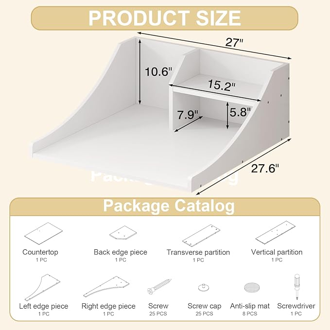 Washer Dryer Countertop Single, 27'' Wood Dryer Top Organizer 2-Tier Laundry Room Storage Shelf for Top of Washer and Dryer, White