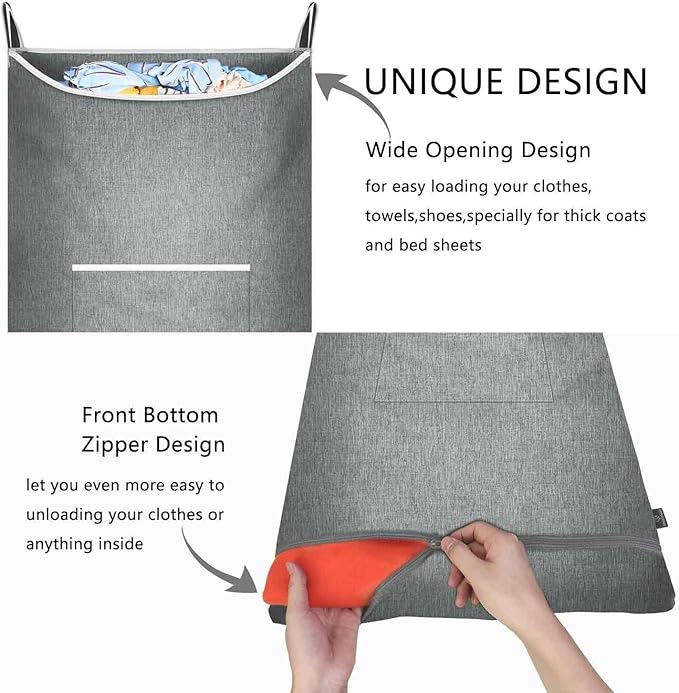 XL Large Hanging Laundry Hamper, Over the Door Laundry Bag with Zipper and Wide Open Top,Hanging Hamper for Storage Laundry, Clothes, Toys,36x 22 Inch, Heather Grey 2Pack.