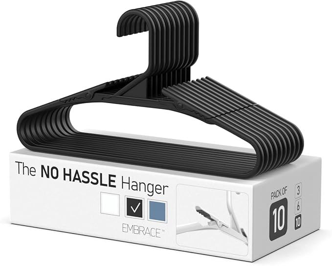 No Hassle-Hangers Best Clothes Hanger Ultra Soft Rubberized Grip Clip Keeps Garments in Place and Off The Floor. Perfect for Wide Neck Silks & Satin Tops, delicates, Athletic wear. (10, Modern Black)
