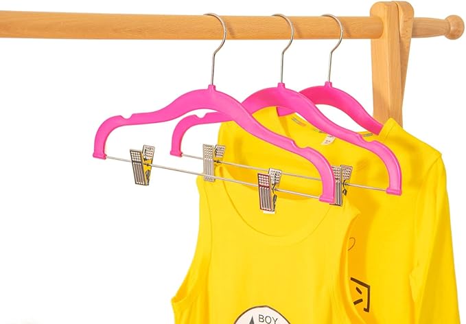 100 Quality Kids Plastic Non Velvet Non-Flocked Thin Compact Skirt Pant Coat Hangers with Metal Clips for Skirts Pants Blouses 360° Swivel Hook, Jacket, Shirt, Pants, Suit Hangers (Pink, 100)