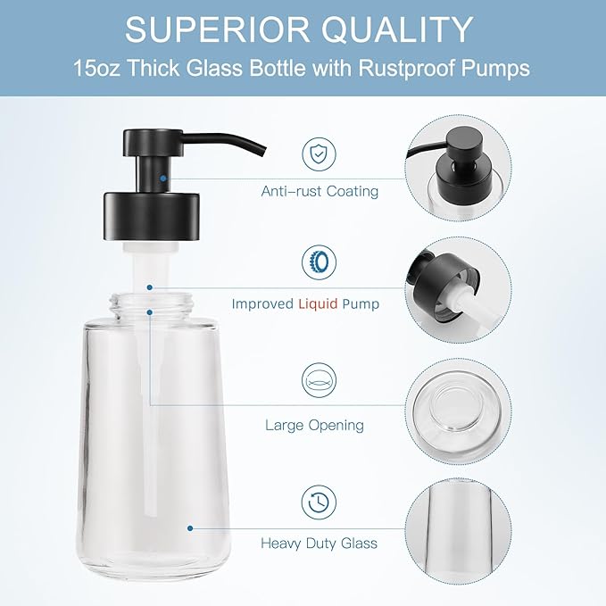 Doiliese Soap Dispenser, Clear Glass Soap Dispenser with Rust Proof Pump, 16oz Liquid Soap Pump with Waterproof Labels, Dish & Hand Soap for Bathroom, Kitchen, Matte Black, Pack of 2