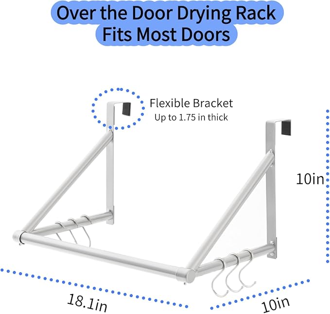 Over The Door Clothes Hanger,Metal Over Door Clothes Drying Rack with 6 Hooks,Laundry Drying Rack Rod for Laundry, Bedroom, Washroom, Closet,Fits Door Up to 1.97", (Silver)