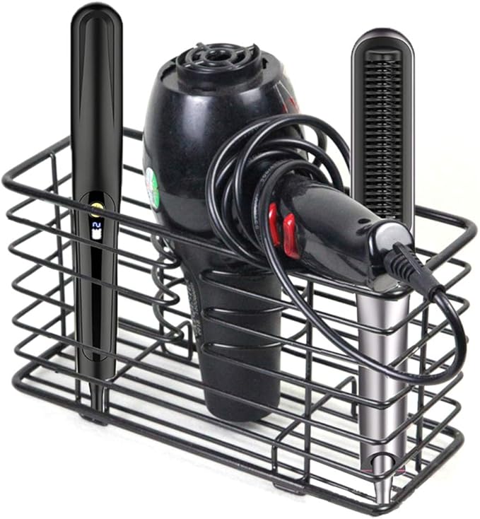 YCOCO Hair Dryer Holder - Wall Mount Metal Wire Organizer for Bathroom Hair Care Tools, Styling Tool Storage Basket for Dryers, Flat Irons, Curling Wands, Straighteners, Black