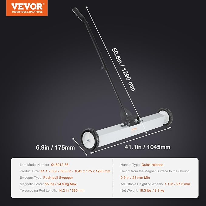 VEVOR 55Lbs Rolling Magnetic Sweeper with Wheels,Push-Type Magnetic Pick Up Sweeper, 36-inch Large Magnet Pickup Lawn Sweeper with Telescoping Handle, Easy Cleanup of Workshop Garage Yard