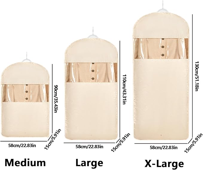 Space Saving Hanging Garment Bag with Self Compression Zipper，Dust Cover Clothes Bags for Down Coat,Dress,Suit，Closet Storage Organizer for Home Travel Use (Beige, Medium)